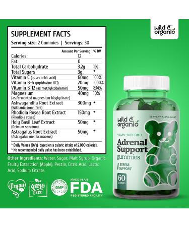 Wild & Organic Adrenal Support Gummies - Energy, Stress Relief & Calm - Vegan - 60 Chews - Buy Online on GoSupps.com
