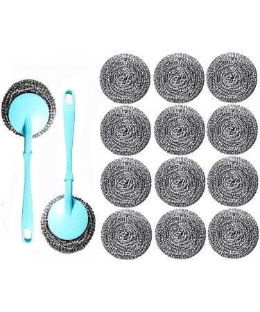 DTTang Kitchen Stainless Steel Sponge Scrubber Set-Metal Scouring Pad-Kitchen Washing Tools 12 Stainless Steel Wire Washing Balls.(2with Handle)