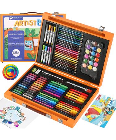 MEEDEN KIDS Drawing Set Gift for Boys & Girls Wood Case Artist Painting Set with Silky Crayons Oil Pastels Waterbased Pencils Dry Erase Markers Art Suplies Coloring Set with Paint Pad White Board