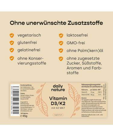 Dailynature Vitamin D3 + K2 | 180 Tablets | 5 000 IU D3 & 100 g K2 | Vegetarian Gluten-Free & Lactose-Free Dietary Supplement | Laboratory Tested - Buy Online on GoSupps.com