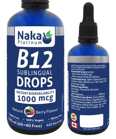 Naka Platinum B12 Sublingual drops. Instant Bioavailability Natural Berry Flavour 1000 mcg per serving Made in Canada (60+40ml FREE)