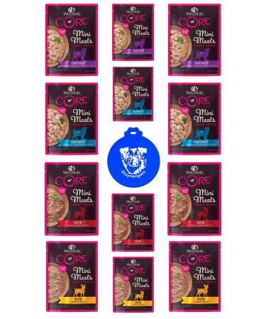 Wellness CORE Grain Free Small Dog Breed Pate and Chunky Mini Meals in 4 Flavor Variety Pack (12 Pouches Total, 3 Ounces Each) Plus Silicone Lid