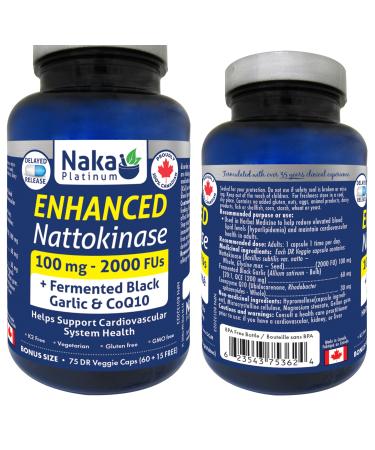 Naka Platinum Enhanced Nattokinase 100 mg - 2000 FUs Added Fermented Black Garlic & CoQ10 Delayed Release Helps Support Cardiovascular Health Made in Canada (75 Dr vcaps) 75 count (Pack of 1)