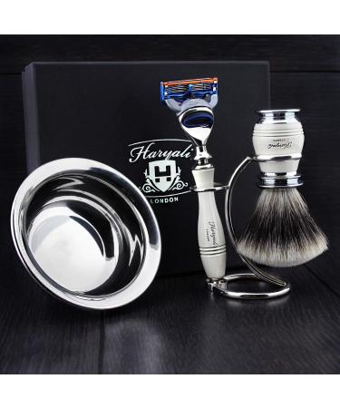 4 Pc Mens Shaving Kit 5 Edge Razor With Silver Tip Badger Hair Shaving Brush Stand and Stainless Steel Bowl Perfect Set For Men