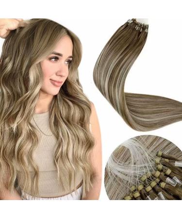 LAAVOO Microring Extensions Real Hair Balayage Blond Remy Hair Waring Real Hair Micro Loop of course Ombre light brown with Platinblond Cold Fusion Loop Extensions Blonde 50 Stuck #8/60/8 45cm 50g 45 cm #8/60/8