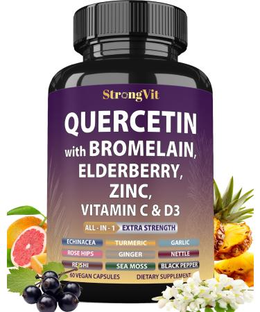 Quercetin with Bromelain Elderberry Vitamin C D3 and Zinc. Super Immune Support Supplement. Organic Complex for Men & Women Non-GMO Gluten-Free Vegan USA 60 Count (Pack of 1)