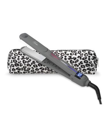 Mia Professional Hair Straightening Iron |1 Inch Silver Titanium Plates | Dual Heating | 450 F/230 C | Auto Shut Off | 10-Foot Swivel Cord | Charcoal Gray | Leopard Storage Pouch