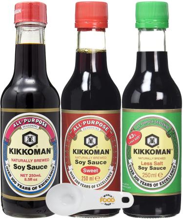Kikkoman Soy Sauce Bundle of 3 with World Food Shop Scoop (Soy Sauce 250ml Sweet Soy Sauce 250ml Less Salt Soy Sauce 250ml)