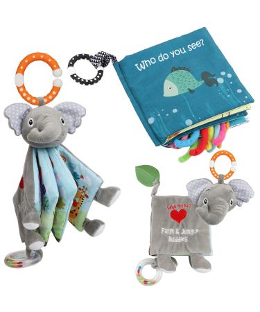 Fish Soft Cloth Book Elephant Tails Activity Crinkle Baby Books Sharks Farm Animals Jungle Toy Book Early Education for Babies Toddlers Infants Kids with Teether Ring Rattle Teething Toy Octopus
