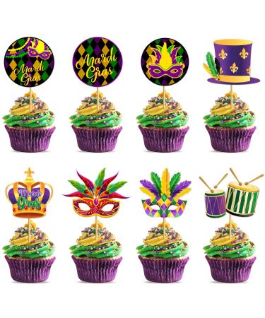 Yavxzvbw Happy Madri Cupcake 32Pcs Mardi Gras Cupcake Toppers Mardi Gras Cupcake Decorations Masquerade Face Covering Cupcake Toppers for Mardi Gras Carnival Masquerade Birthday Party Supplies