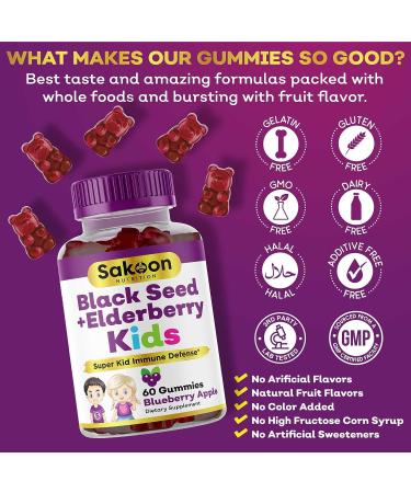 Sakoon Nutrition Elderberry & Black Seed Oil Immune Support Gummies for Kids - 60 ct, with Vitamin C, Zinc - Berry Flavor - Buy Online on GoSupps.com