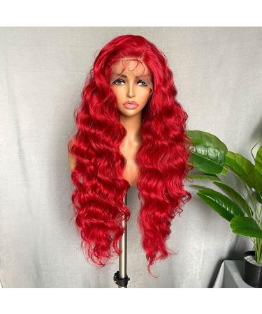 SOKU Red Lace Frontal Wig 32 Inch Long 13x4 Lace Front Body Wave Pre Plucked with Baby Hair Glueless Transparent Swiss Lace Heat Resistant Synthetic Lace Front Wigs for Black Women 13x4 Lace Frontal RED (32 Body Wave)