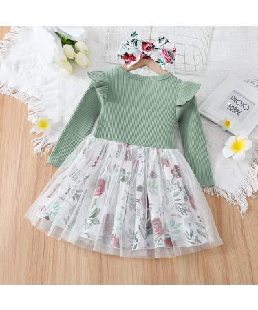 Haokaini Toddler Baby Girls Floral Ruffle Sleeve Cotton Dress Set | Princess Tutu Skirt | Green | 2-3 Years - Buy Online on GoSupps.com
