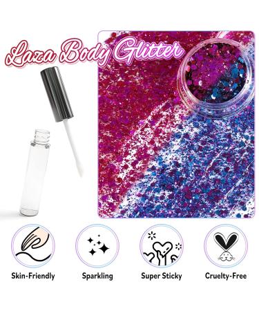 Laza Body Glitter - Holographic Chunky Sequins & Glitter Glue for Festival Makeup | Pink Violet Purple Red | 2 Jars for Women & Girls - Buy Online on GoSupps.com