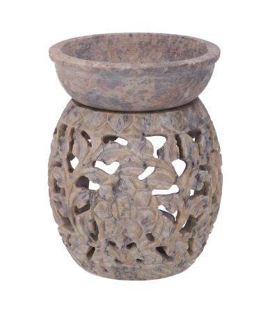 GURU Shop Indian fragrance lamp essential oil diffuser tealight holder for aromatherapy aroma lamp made of spill stone - round flower tendril 2 beige 10x7.5x7.5 cm fragrance lamps & oil lamps