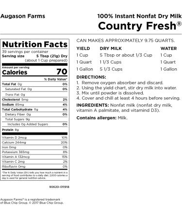 Augason Farms 5-90620 Country Fresh Instant Nonfat Dry Milk 1lb 13oz - Food Storage #10 Can - Buy Online on GoSupps.com