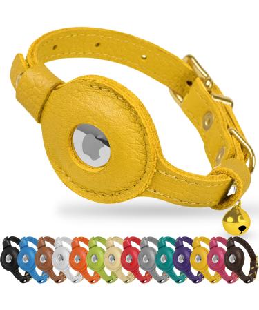Oopsdoggy Airtag cat collar made of leather with bell not tearable with Apple Airtag holder light GPS pet collar for girls boys cats small dogs puppies (yellow)