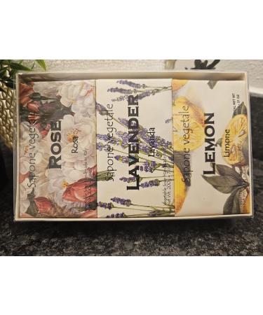 Italian Vegetable Luxury Soap Bar Set of 3 Rose Lavender & Lemon 7 Oz Each (21 Oz Total). Giftbox Ready.