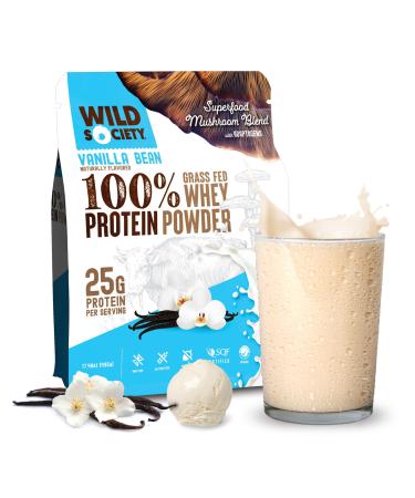 WILD SOCIETY - Premium 100% Grass Fed Whey Protein Powder + Superfood Mushrooms & Adaptogens - 25g Protein Clean Protein Powder 0 Added Sugar Non GMO Gluten Free - Vanilla Bean 17.5 oz