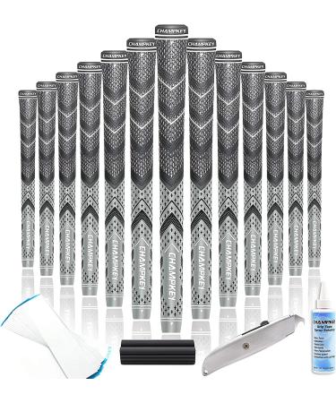 CHAMPKEY Golf Grips 13 Pack | Come with Solvent 15 Tapes Vise Clamp and Hook Blade | All Weather Control and High Feedback Golf Club Grips Midsize Grey