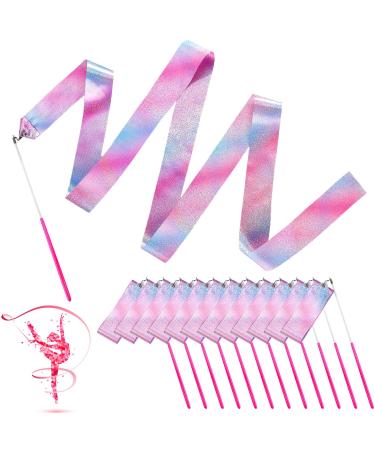 Sparkling Dance Ribbon Flash Gymnastics Ribbons 78.74 Inches Rhythmic Shining Silk Dance Ribbons for Kids Dance Streamers Pink Twirling Ribbons (12 Pieces)