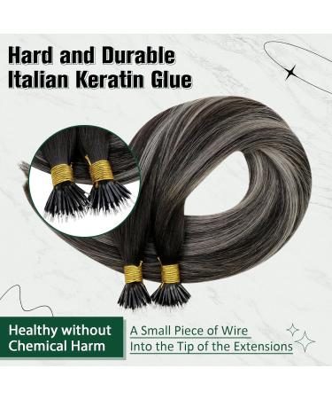 RUNATURE 20 Inch Nano Human Hair Extensions Black Ombre Silver Grey Balayage Nano Ring Hair Extensions - 50g - Buy Online on GoSupps.com