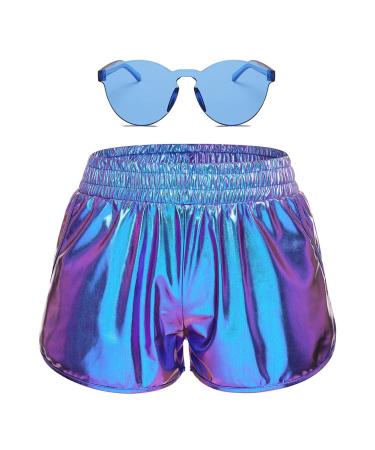 Women Metallic Shiny Shorts Sparkly Hot Dance Bottoms Short Pants Rave Music Festival Outfits with Sunglasses Large Blue