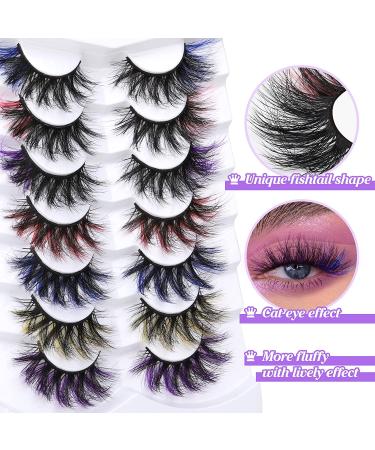 Goddvenus 5D Fluffy Colored Mink Lashes 7 Pairs Pack - Rainbow Cat Eye False Eyelashes in Pink, Blue, Purple, Yellow | Dramatic Colorful Eyelashes - Buy Online on GoSupps.com