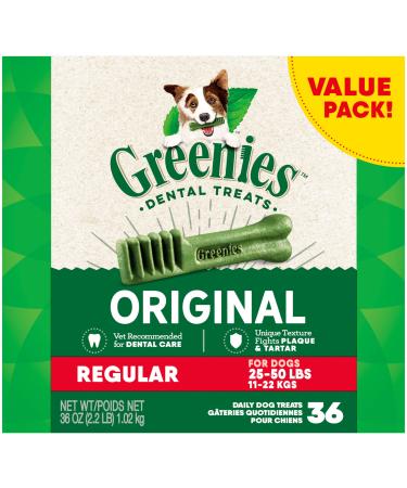Greenies Original Dental Chews for Dogs, Regular (25-50lb. Dogs), Natural Dog Treats 36 Count (Pack of 1)