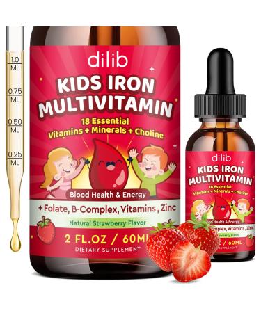 Liquid Iron Supplement for Kids Kids Multivitamin with Iron Drops with Zinc Vitamin B Complex Folate - Support Blood Builder & Energy Iron Deficiency for Women Men Vegan Strawberry 2 Fl Oz