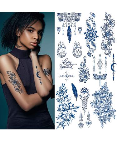 Aresvns Semi Permanent Tattoos for Women Teen Girls Classic Flower Style Premium Temporary Tattoos Waterproof and Long-Lasting 2 Weeks Dark Blue Realistic Fake Tattoos for Women - Buy Online on GoSupps.com