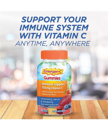 Emergen-C 750mg Vitamin C Immune Support Gummies - Gluten Free - Strawberry, Lemon & Blueberry Flavors - 45 Count Pack - Buy Online on GoSupps.com