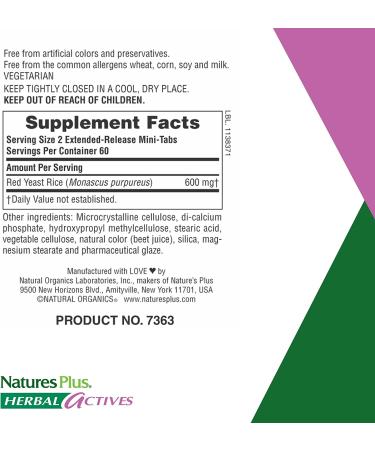 Nature's Plus Red Yeast Rice 600 mg - 120 Mini-Tabs | Herbal Actives for Heart Health - Buy Online on GoSupps.com