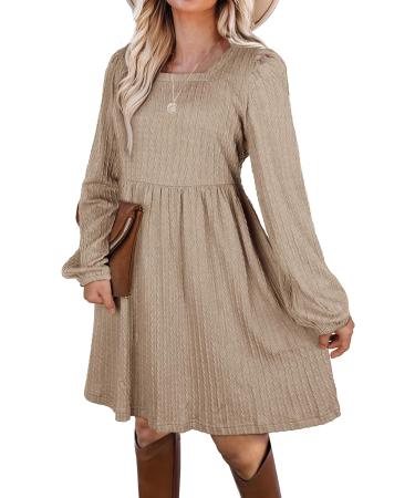 Aokosor Long Sleeve Knit Dress | Square Neck Jumper Dress | Knee Length Babydoll - Apricot - Buy Online on GoSupps.com