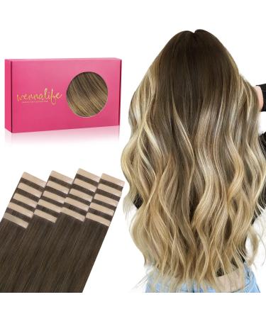 If -alife tape extensions real hair 20pcs 50g 60cm 24 inch ombr walnut brown to ash brown and blonde blonde Remy invisible tape extensions silky straight real hair extensions skin weft tape in 60cm #3/8/613 ombr walnut brown to ash brown and bleach blonde