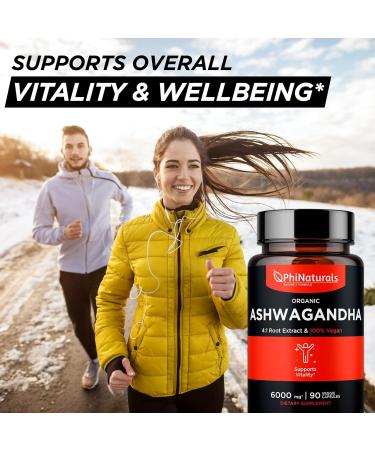 PhiNaturals Organic Ashwagandha Root Extract in Vegan Capsules Equal to 6000 Mg Root - Ashwaganda Supplement for Men and Women with 1500 Mg Per Serving 30 Servings - 500mg Per Vegan Capsule 90 Count - Buy Online on GoSupps.com