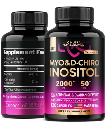 NUTRAHARMONY Inositol - Myo-Inositol & D-Chiro - Made in USA Supplements - Women Hormone Balance - Ovarian & Reproductive Support - 2000 mg Myo & 50 mg D-Chiro - 40:1 Ratio - Vitamin B8-120 Capsules Inositol Capsules