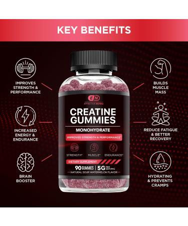 Creatine Monohydrate Gummies - Vegan 5g Chews for Strength & Energy | Natural Sour Watermelon | 90ct - Buy Online on GoSupps.com
