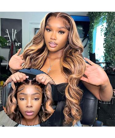 Ashart Wear and Go Glueless Wig Ombre Highlight Lace Front Wigs Human Hair Body Wave Wigs for Black Women 4/27 Honey Blonde Pre Cut Closure Glueless Wigs Human Hair Pre Plucked(26 Inch 180% Density)