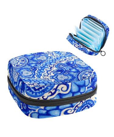 GIAPB Period Bag Sanitary Napkin Storage Bag Period Pouch Travel Makeup Bag Blue Art Flower Pattern Color4444