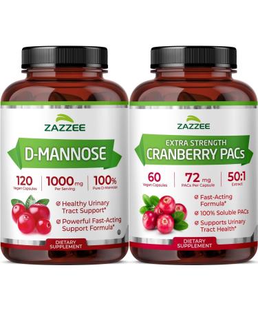 Zazzee Ultimate Urinary Tract Support Bundle | Super Concentrated Proanthocyanidin Cranberry Extract Capsules Plus D-Mannose 1000mg Capsules for UT & Bladder Cleansing (60 Servings Each)