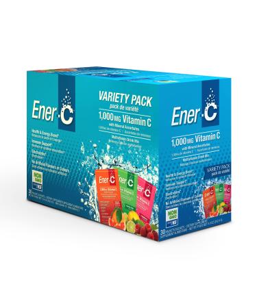 Ener-C Variety Pack Multivitamin Drink Mix, 1000mg Vitamin C, Non-GMO, Vegan, Real Fruit Juice Powders, Natural Immunity Support, Electrolytes, Gluten Free, 1-Pack of 30 Variety Pack 30 Count (Pack of 1)