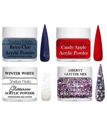 SHEBA NAILS Glitter Dip Powder Patriotic Nail Art Variety Kit- 1/4 oz Jar Each Candy Apple Red Navy Glitterize Winter White & Liberty Custom Glitter Mix