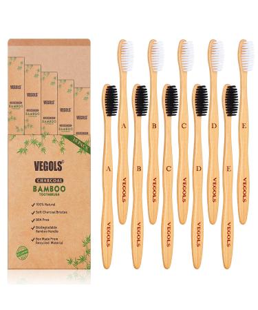 Adult Bamboo Toothbrushes (10 Pack) Soft Bristles Wooden Toothbrushes, Natural Biodegradable BPA Free Eco Friendly Toothbrushes, Black White