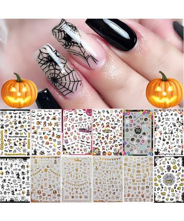 1500+ Patterns Halloween Nail Art Stickers Decals, Kalolary Self-adhesive DIY Nail Sticker Decals 3D Design Nail Decorations for Halloween Party Include Pumpkin/Bat/Ghost/Witch(12 Sheets)