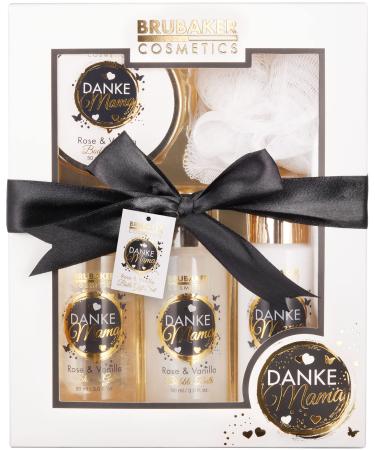 Brubaker Cosmetics - Thanks Mama - 5 -part shower and swimming set with roses vanilla fragrance - Mother gift set with peeling sponge - Nursing with loop black white and gold gift set in gift packaging