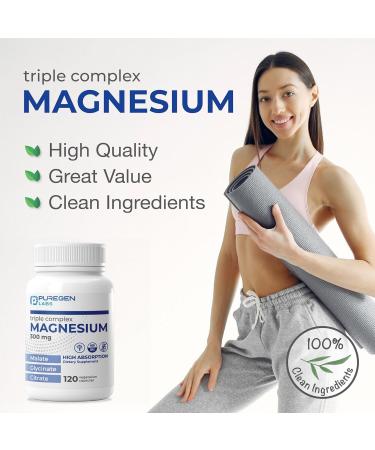 Puregen Labs Triple Magnesium Complex 300mg of Magnesium Glycinate Malate & Citrate High Absorption 120 Veg Capsules | No Harmful Additives | Non-GMO NO Gluten and Dairy - Buy Online on GoSupps.com