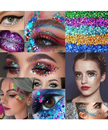 Warmfits Holographic Chunky Glitter Set A - 12 Colors 120g for Face, Body, Eyes, Hair, Nails - Festival Glitter Stars and Hexagons - 4.23oz (Pack of 12) - Buy Online on GoSupps.com