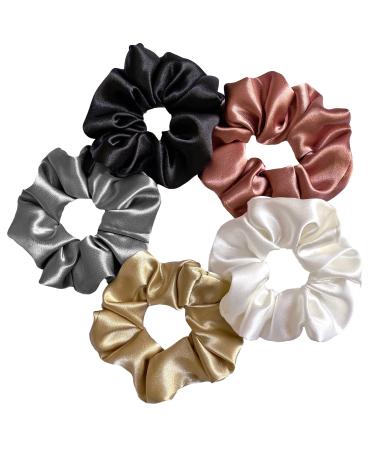 SILVR BEAR Luxury Satin Hair Scrunchies for Women Vegan Softer than Silk Hair Ties Scrunchies for Women and Girls 5 Pack Classic Shades