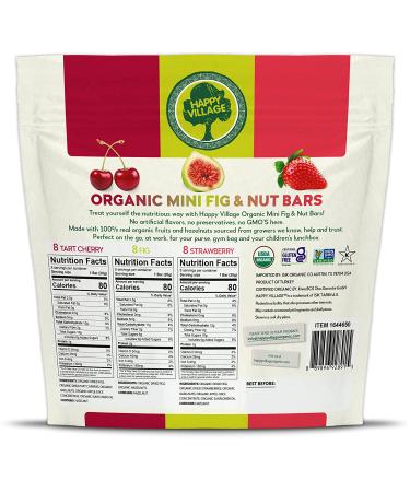 Happy Village Organic Mini Fig & Nut Bars Variety Pack - 24 Mini Bars (8 Tart Cherry, 8 Fig, 8 Strawberry) - No Refined Sugar, Kosher, Non-GMO, Gluten Free, Vegan - High Fiber Snack option - Buy Online on GoSupps.com